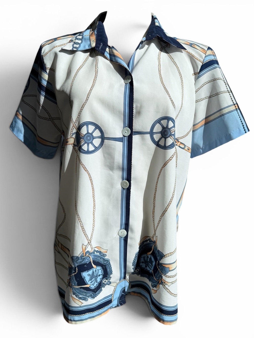 Unisex Short-Sleeve Nautical Print Shirt (shoulder pads)- Blue/Tan